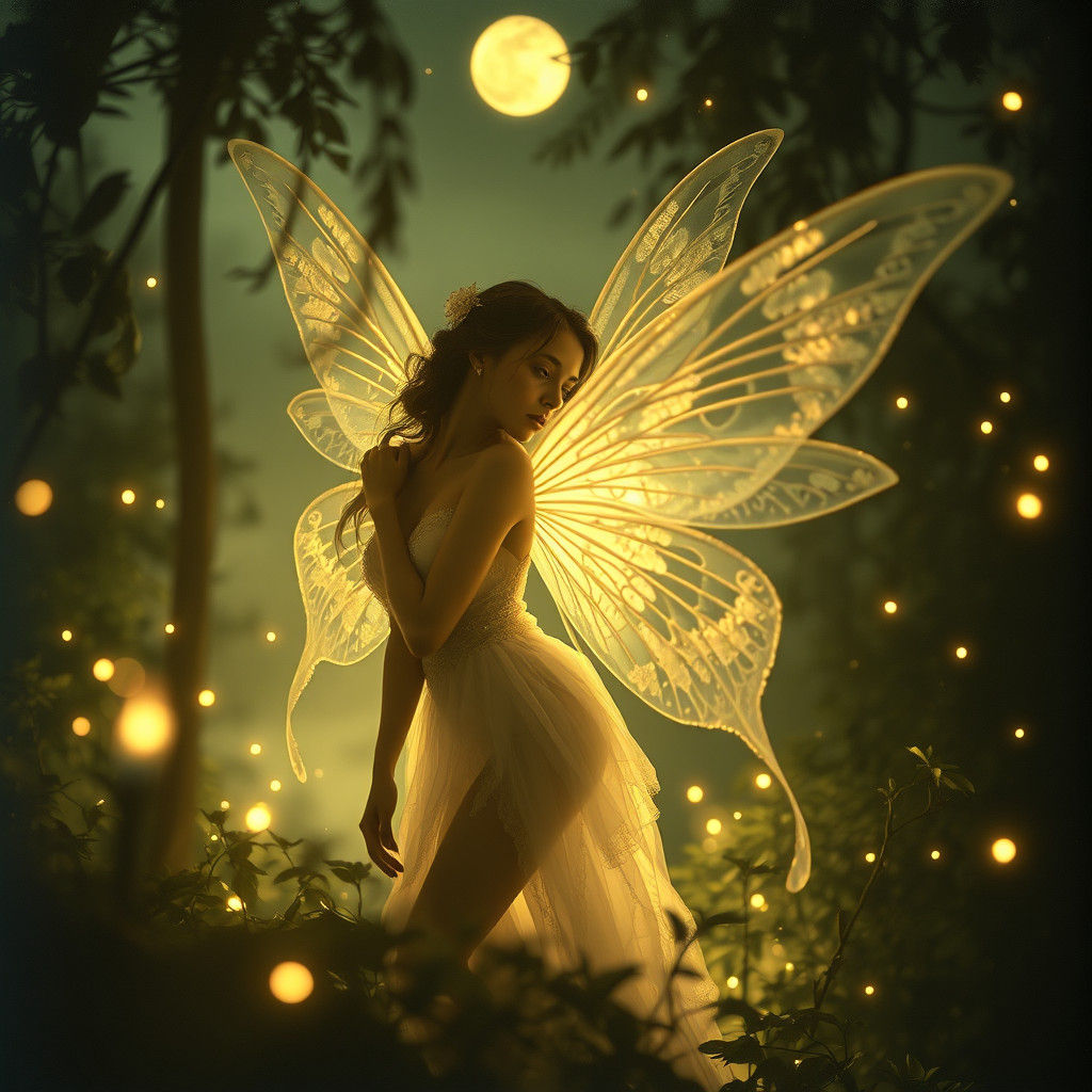Ethereal Fairy in Moonlit Forest, Surreal Rayograph