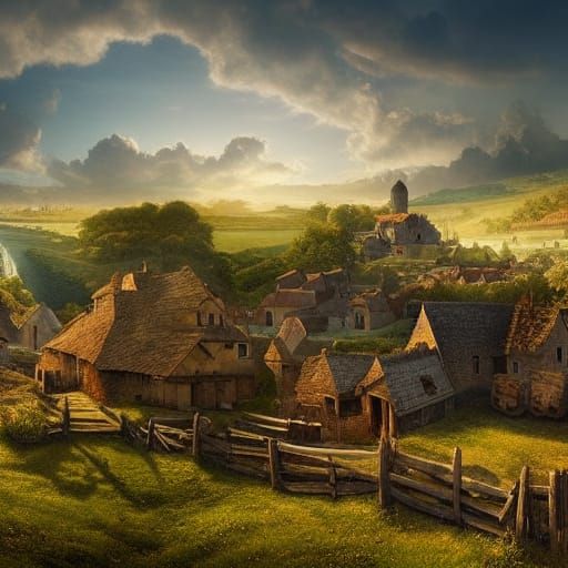 Medieval Village Under Blue Sky, Digital Matte Painting