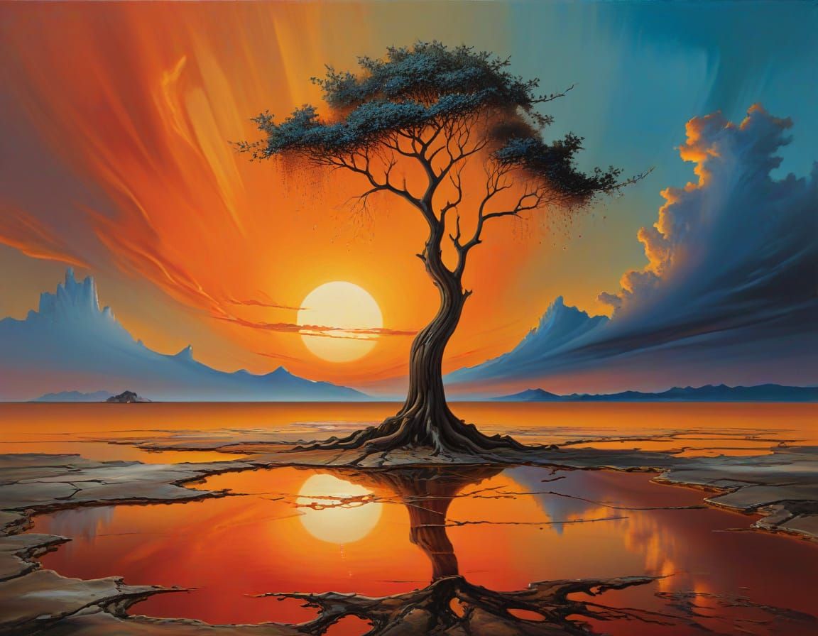 Surrealistic Lone Tree Basks in Dali-Inspired Orange Sunset