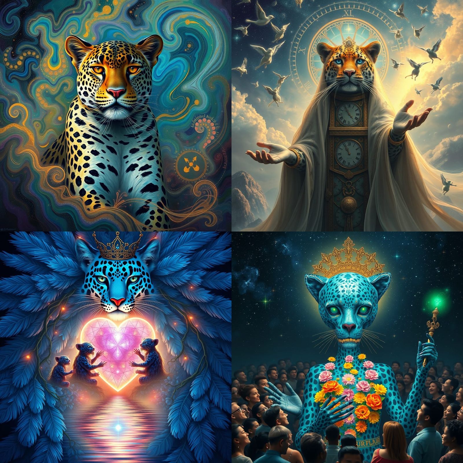 Surreal Cityscape with Leopard Gods and Celestial Shaman