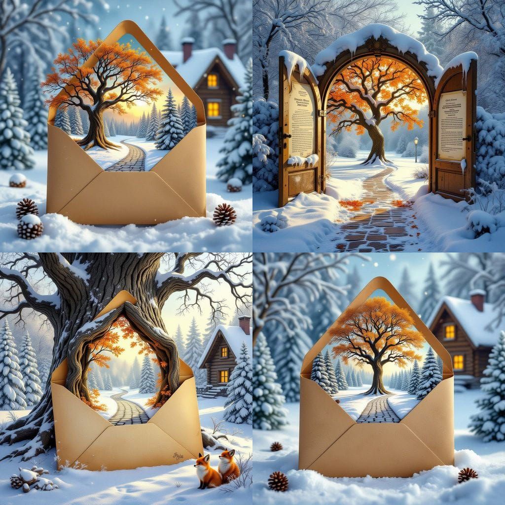Magical Winter Tree Portal Emerging from Old Envelope