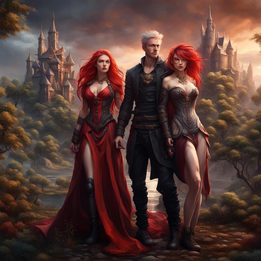 Fantasy Threesome with Blonde, Black and Red Hair