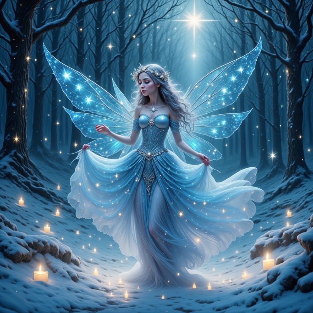 a fairy woman skips down a nature path during winter