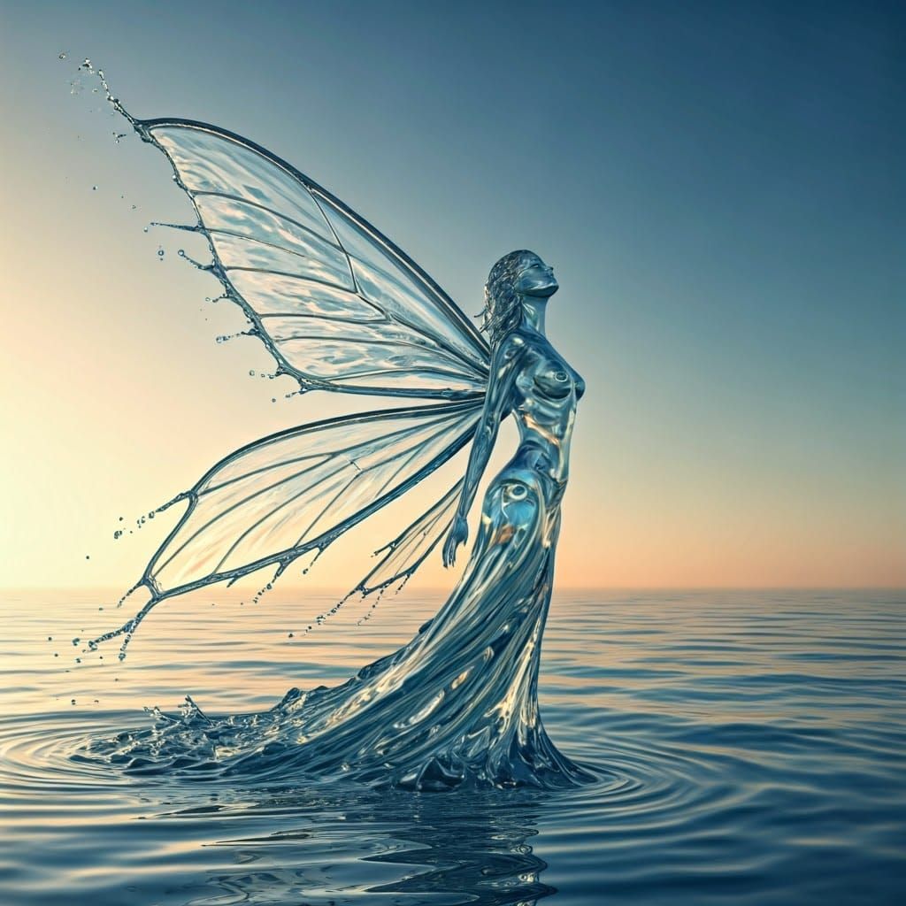 Delicate Water Faery with Majestic Wings, Shimmering with Ir...