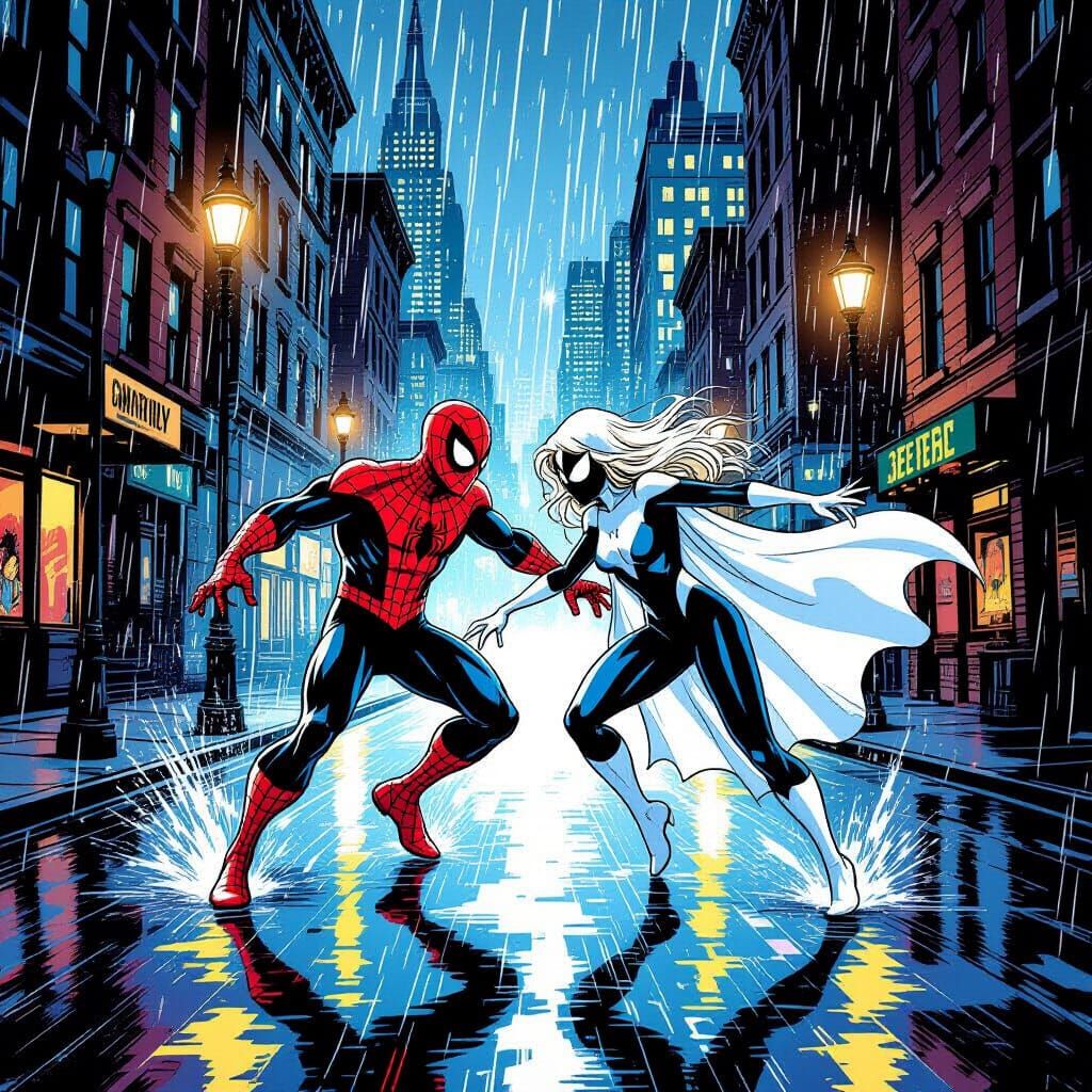 Spiderman and Gwen Stacy Ghost Dance in Retro Comic NYC