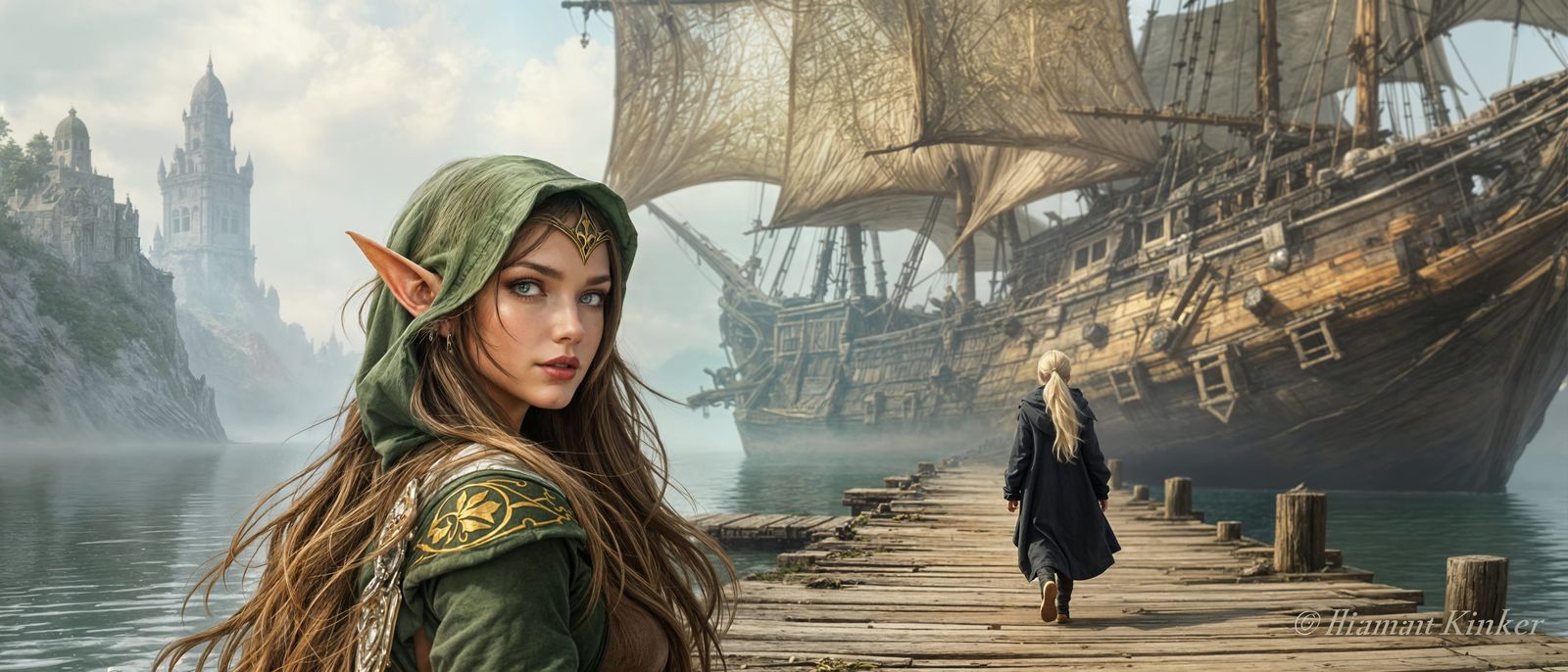 Wood Elf and Human Woman Sneak onto Beaten Fantasy Ship