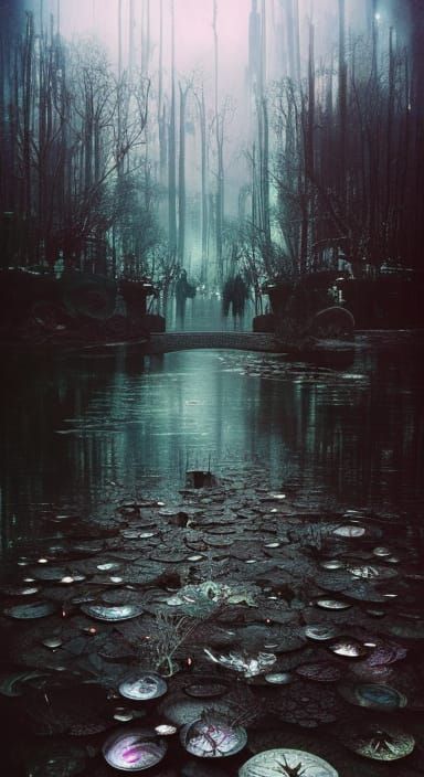 Haunted Lake Mirror Image in Gothic Art Style