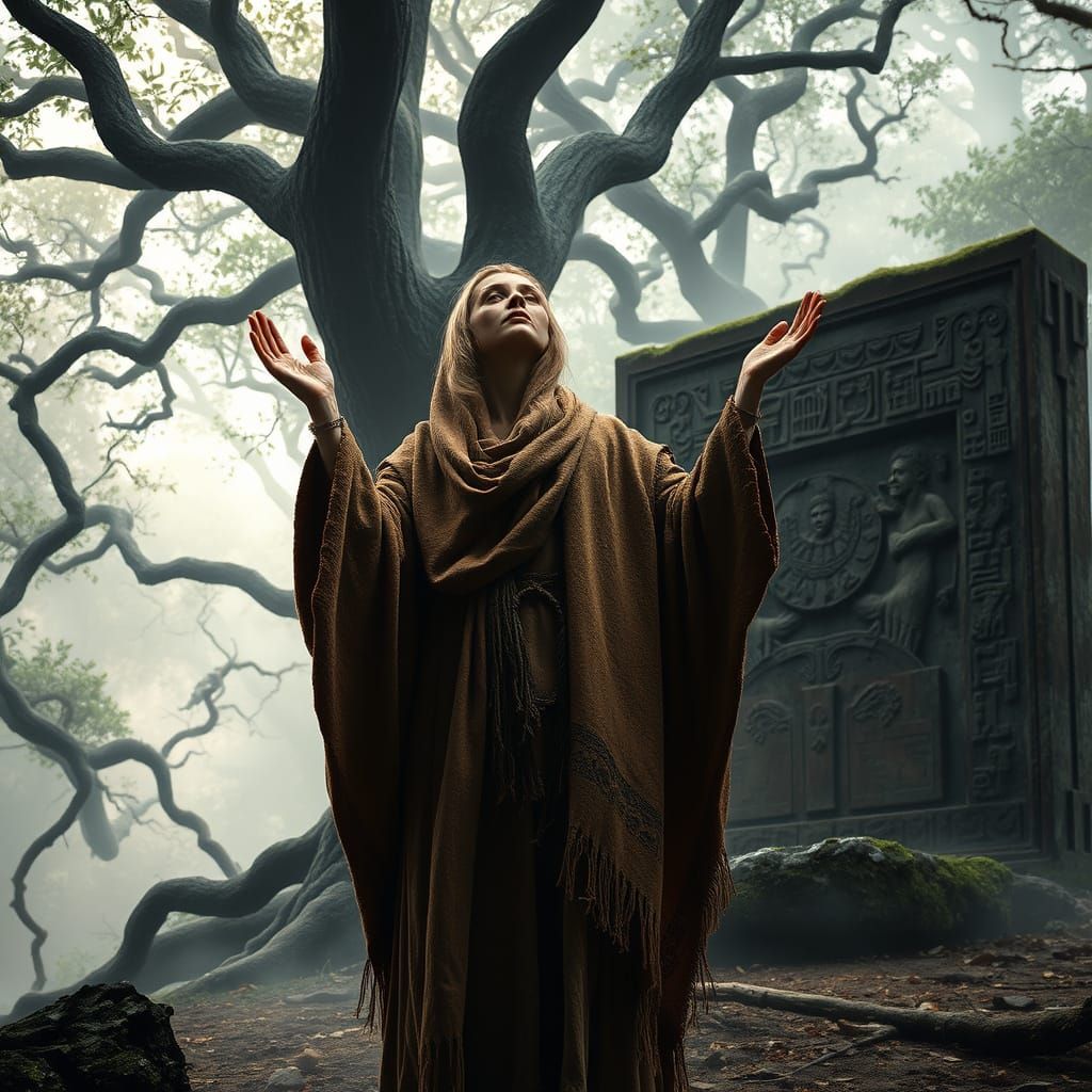 Ancient Priestess Invokes the Spirits in a Sacred Forest Gla...