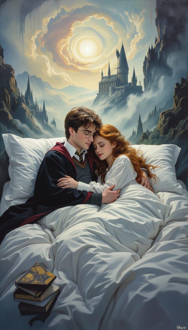 Harry and Ginny Cuddle: Surreal Oil Painting
