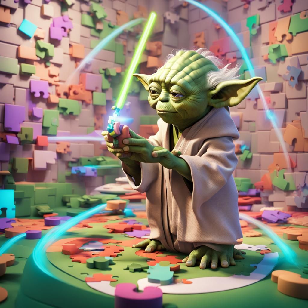 Yoda Concentrates on a Puzzle: 3D Digital Art