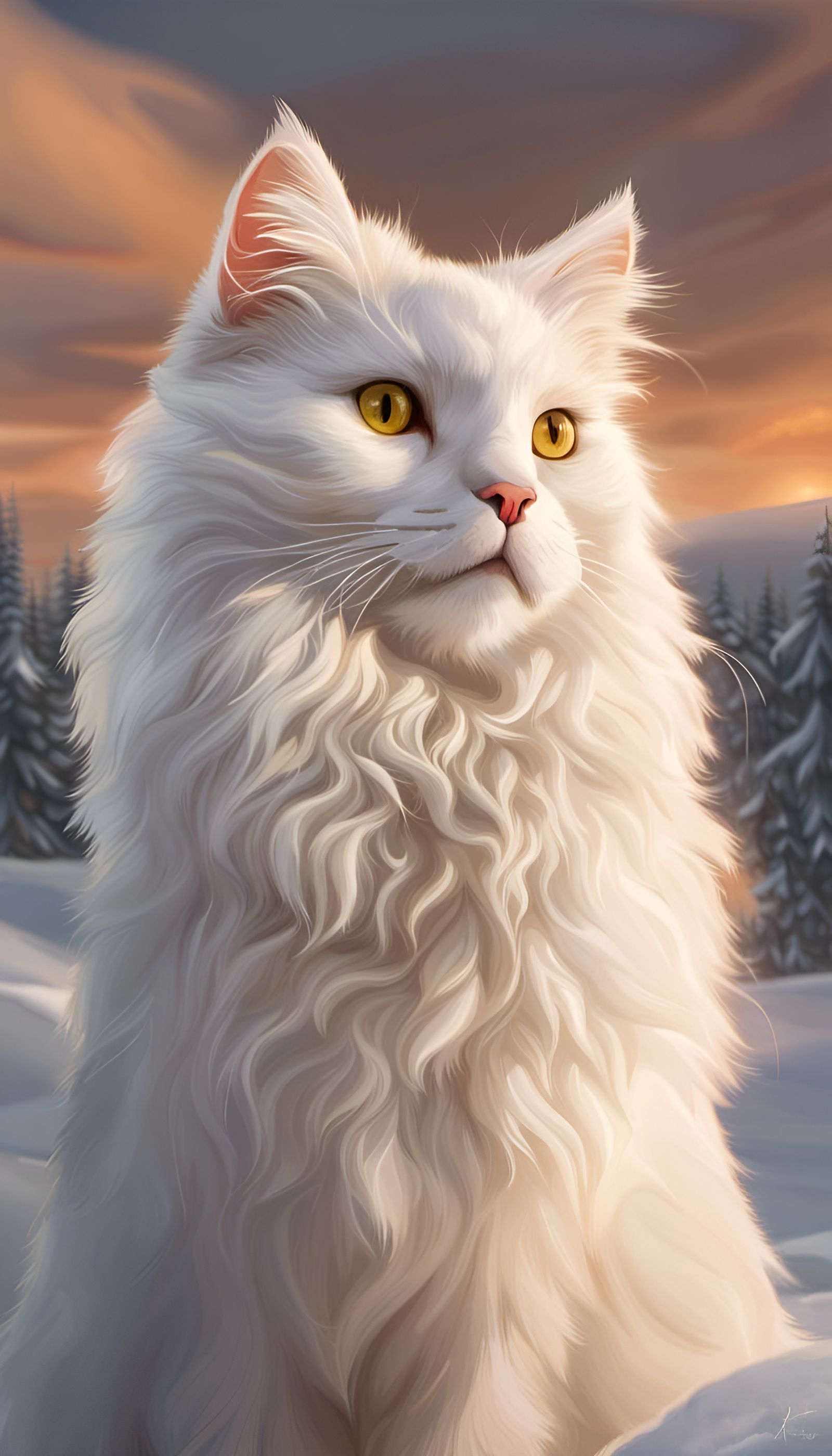 Fluffy White Cat Portrait in Winter Landscape