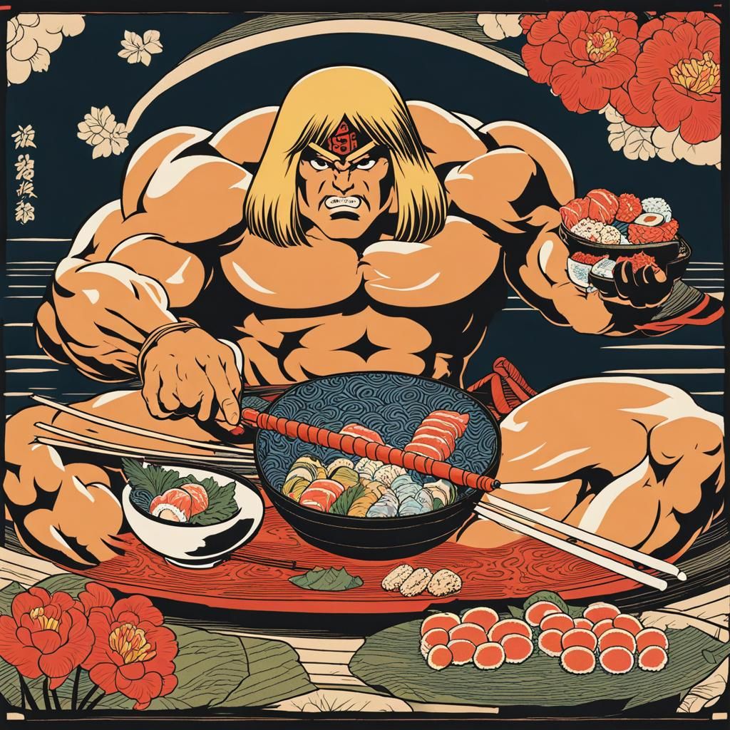 Ukiyo-e He-Man Eating Sushi 231217B
