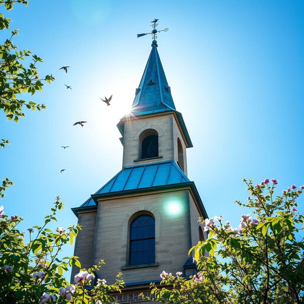Blue Church Tower with Swallows