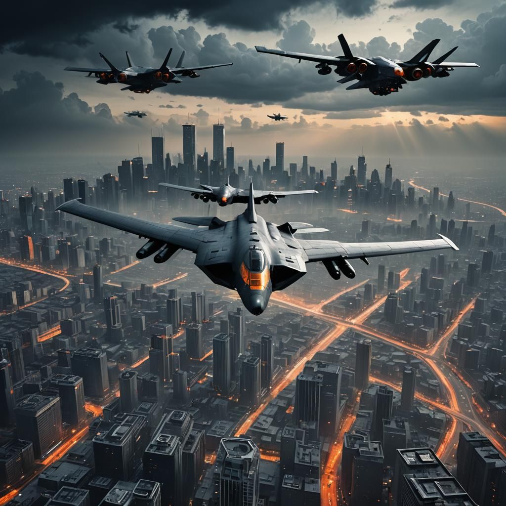 Futuristic Stealth Bombers Over Bleak City: Matte Painting