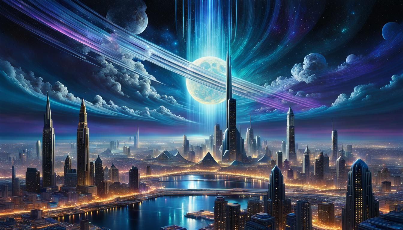 Silver Sapphire Moon City in Nebula, Impasto Painting