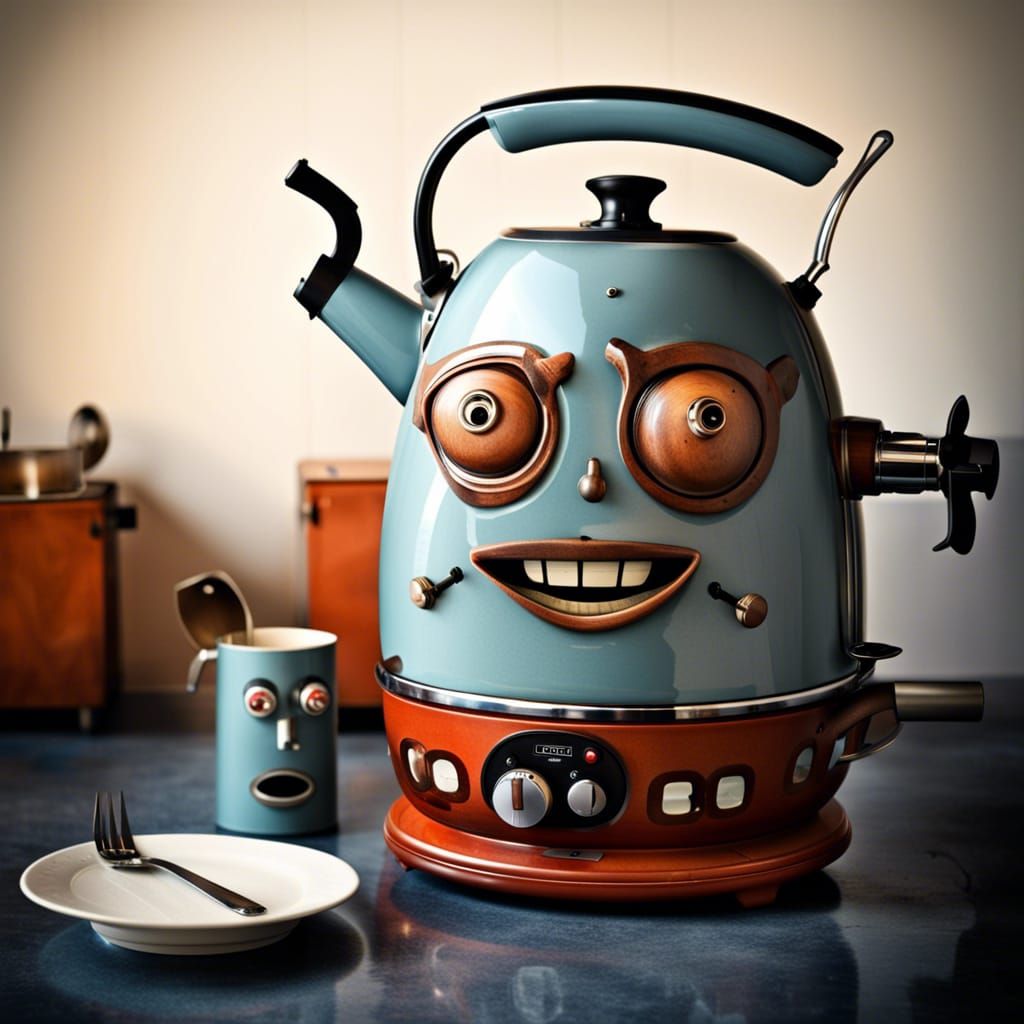 Whimsical Kettle and Toaster Cartoon with Faces