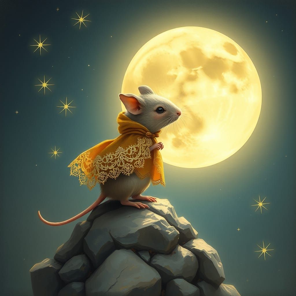 Mouse in Gold Lace Cloak Under Moonlight