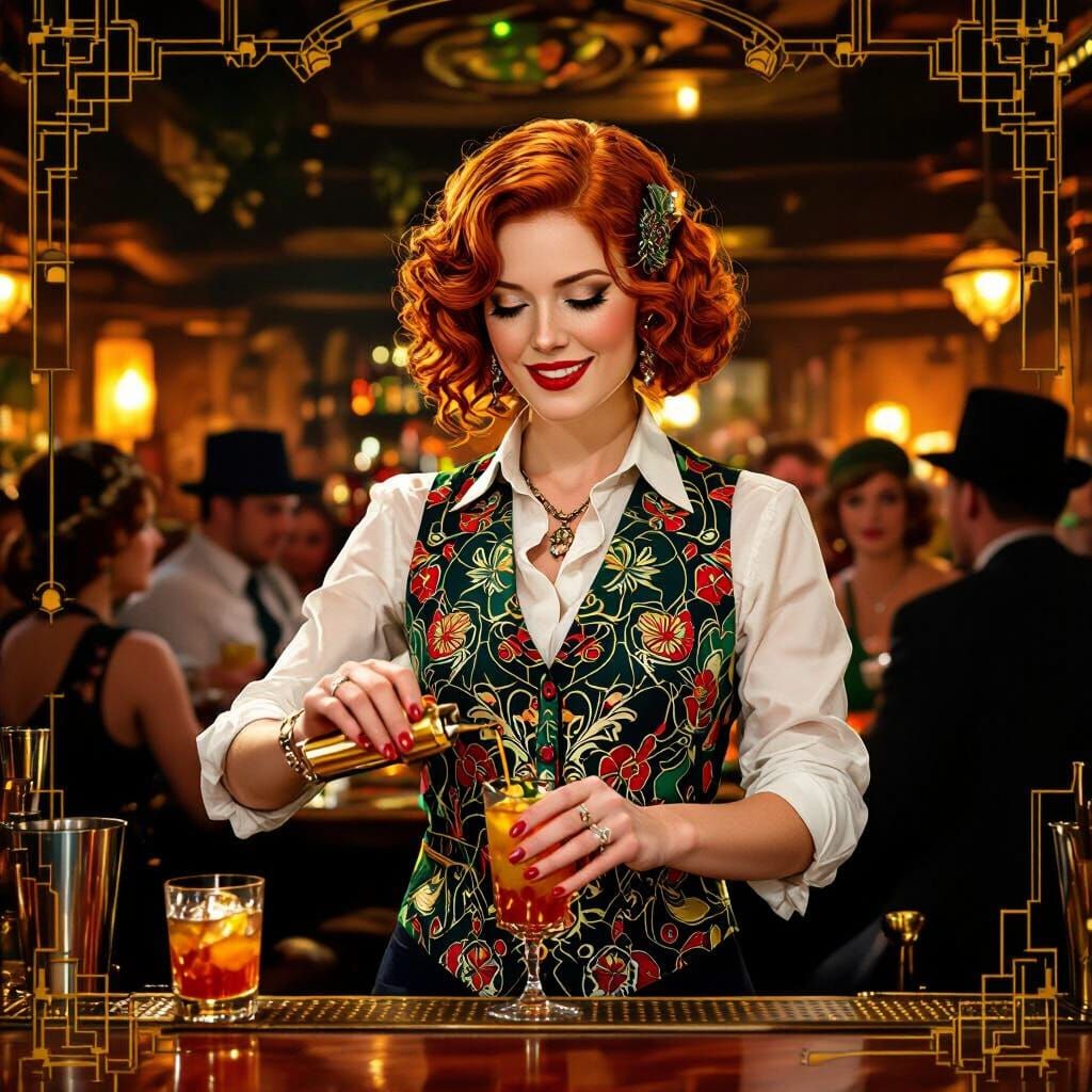Roaring Twenties Speakeasy Bartender in Art Deco Style