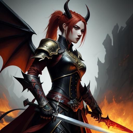 Dragon Woman with Flaming Sword in Dark Fantasy Style