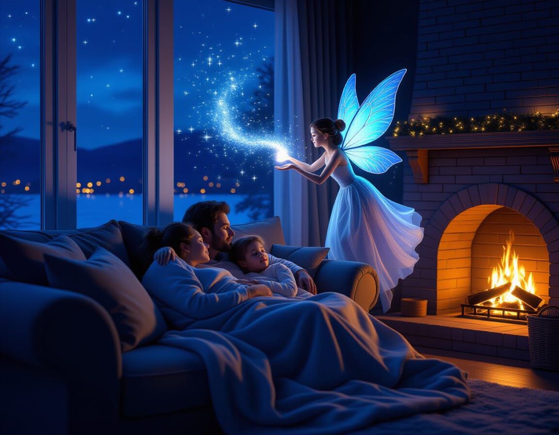 Magical Fairy Sparkles on Sleeping Family by Firelight