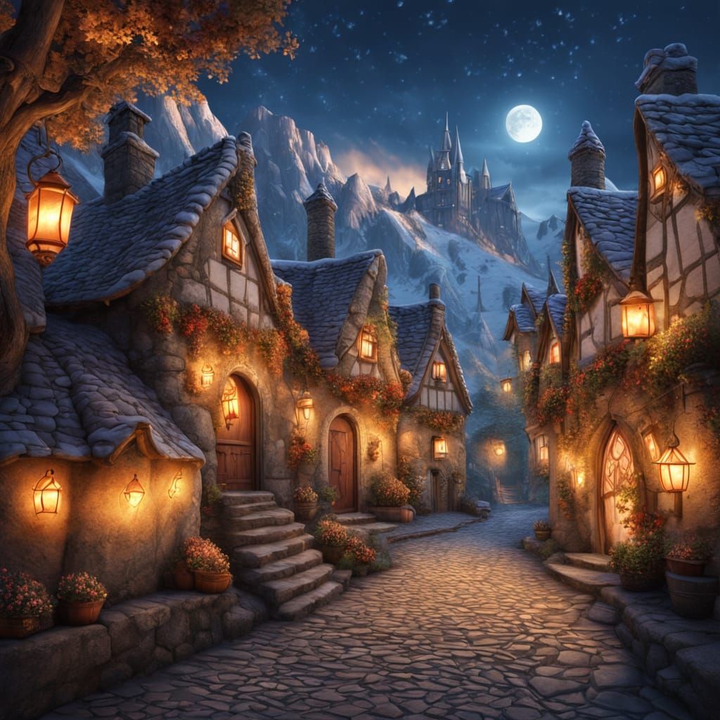 Cozy Fantasy Village Under Lantern Light