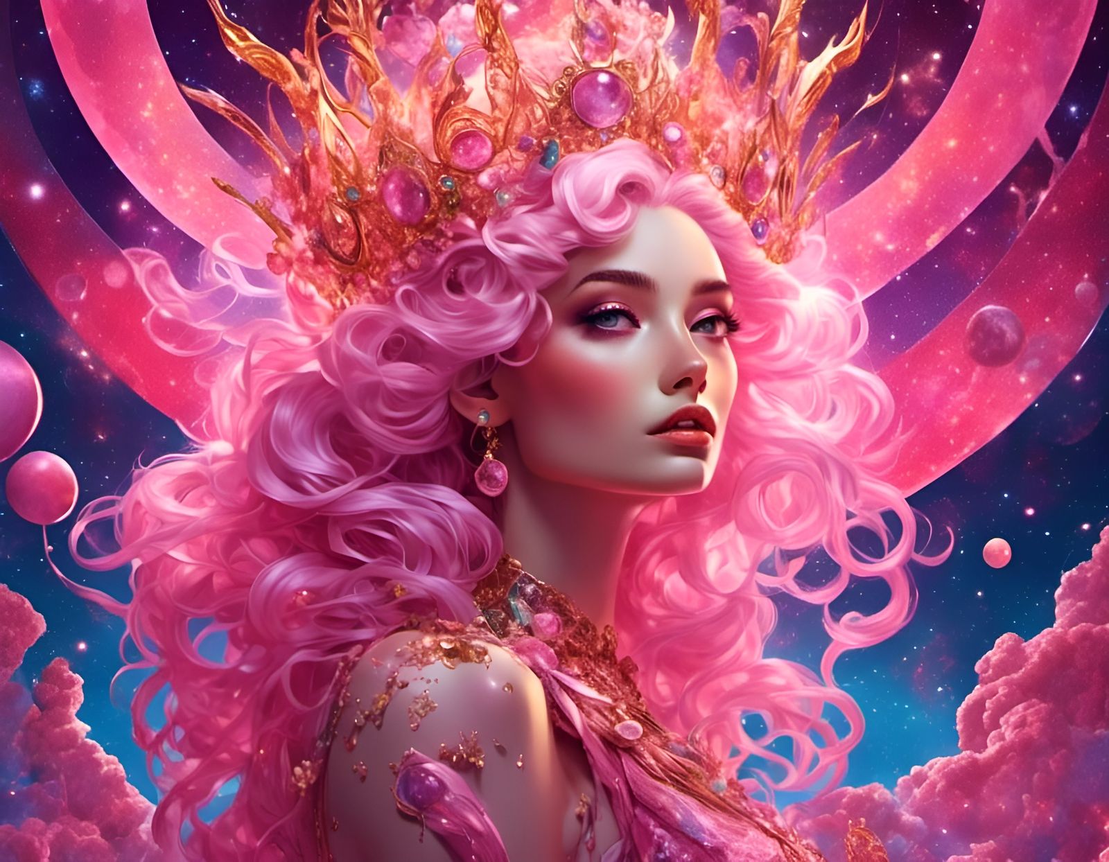 Cosmic Pink Queen with Whipped Hair in Comic Style