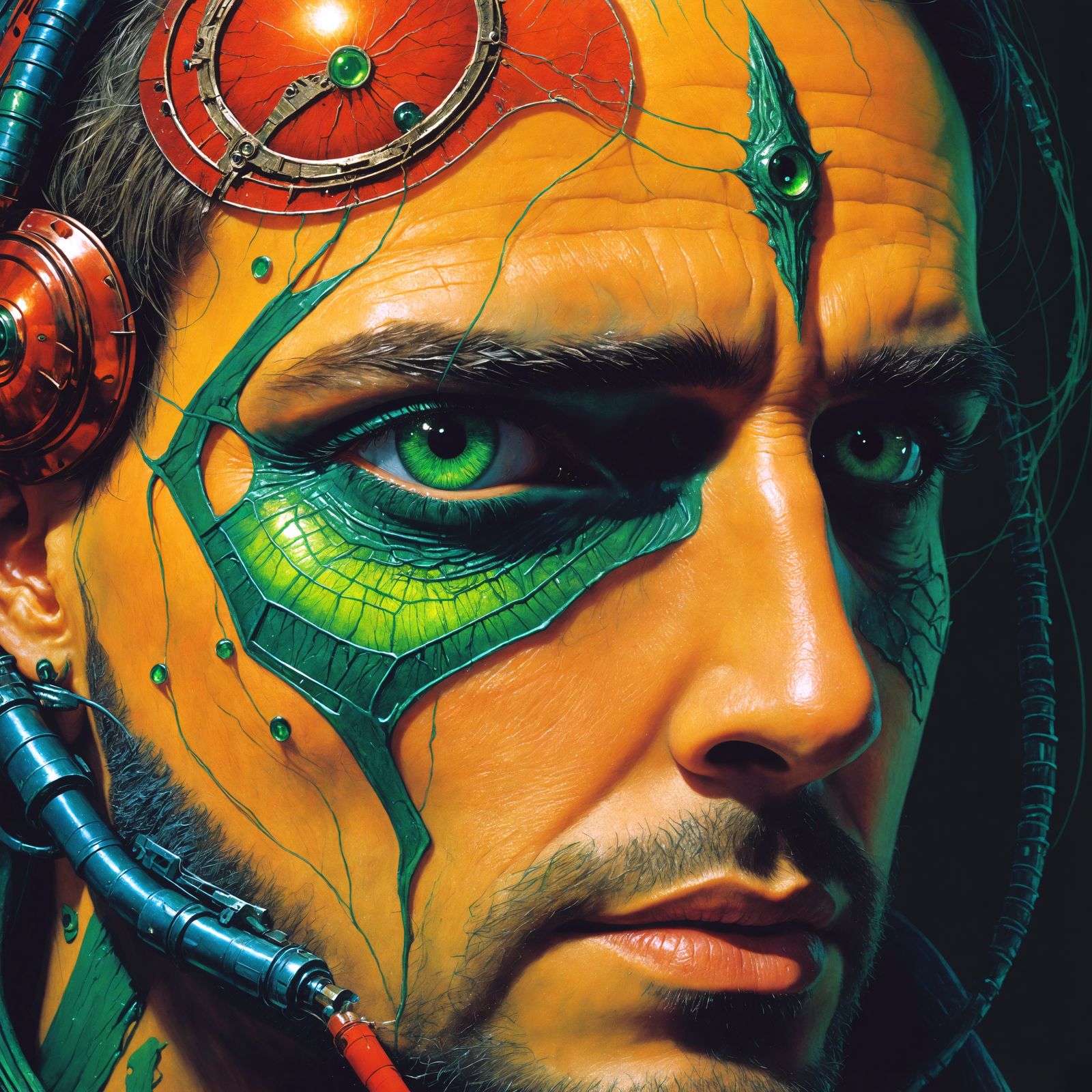 Cyberpunk Hero Radiates Intense Bluish-Green Laser Light