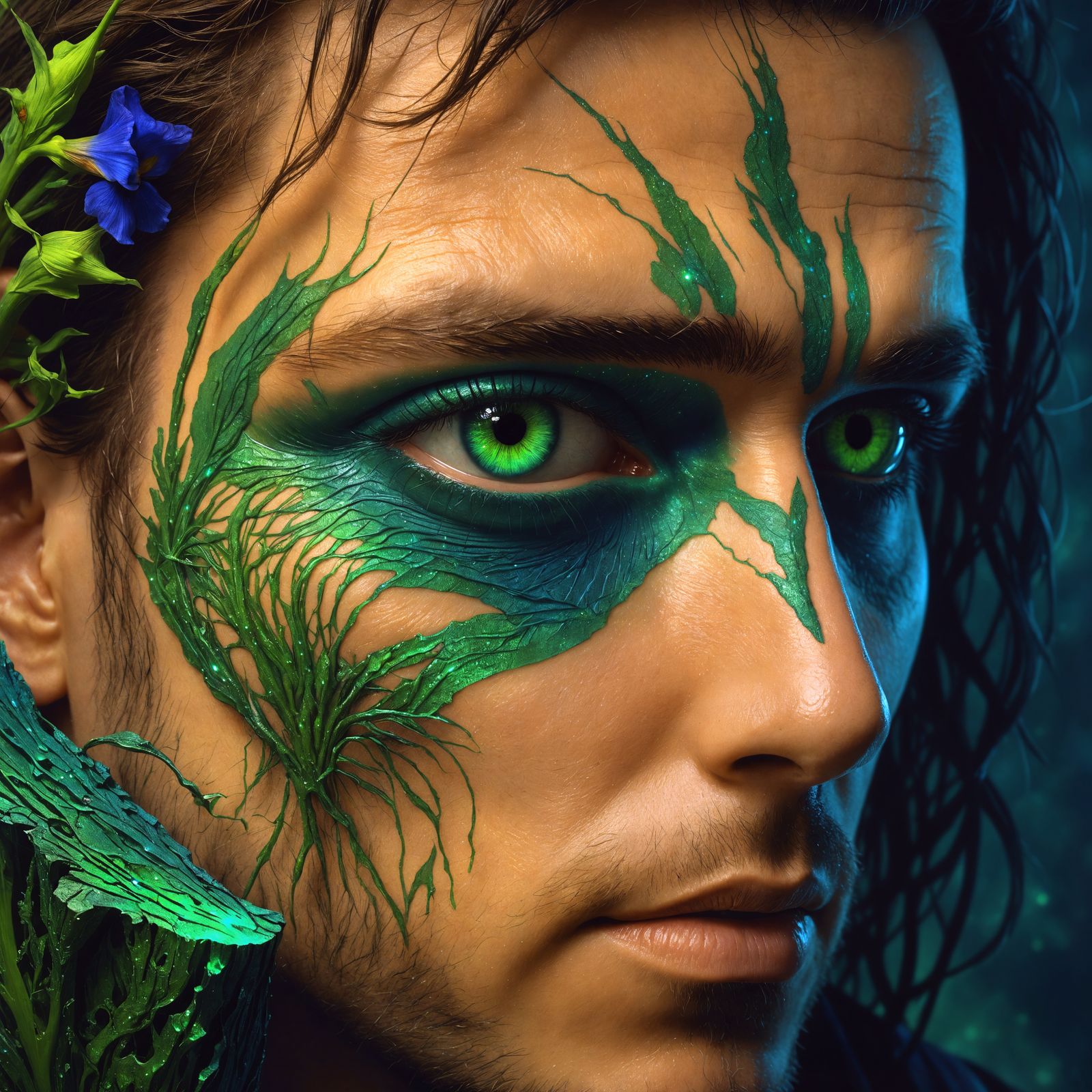 Surreal Figure Radiates Bluish-Green Laser Light