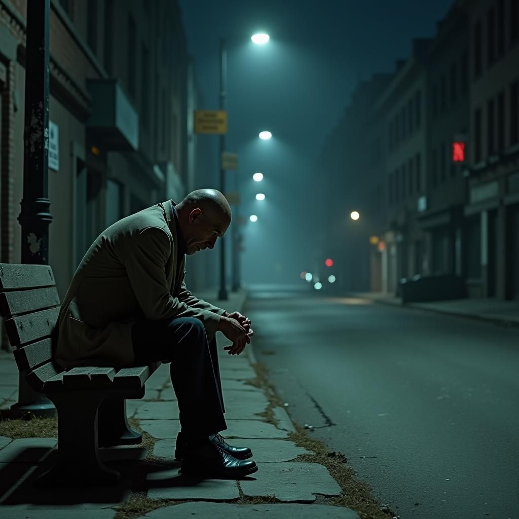 Desolate Man in Urban Landscape: Dark Realism