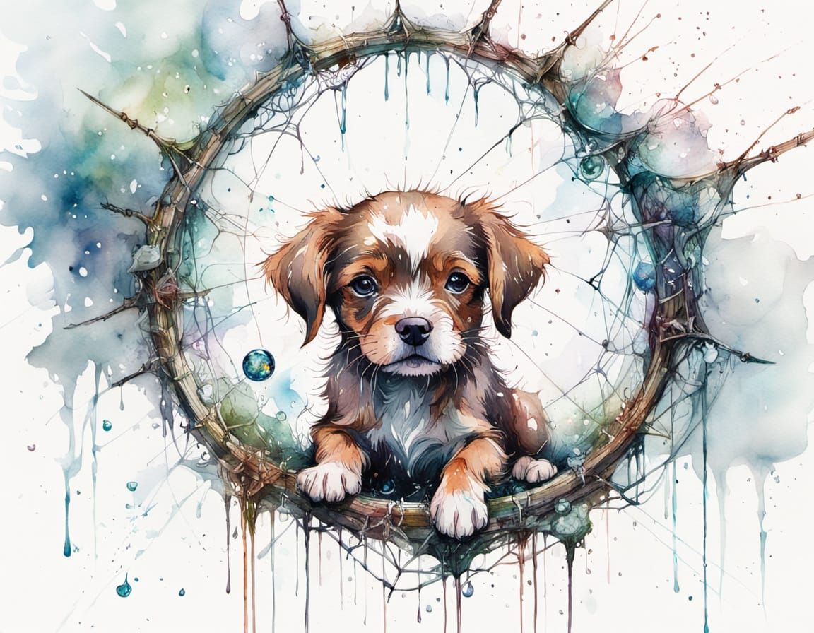 Puppy Discovers Dimensional Portal in Dewdrop on Spiderweb