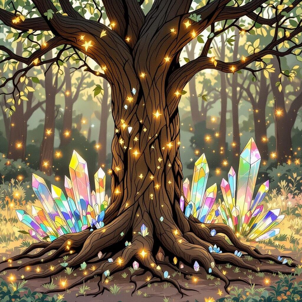 Majestic Ancient Tree With Crystal Roots In Mystical Forest