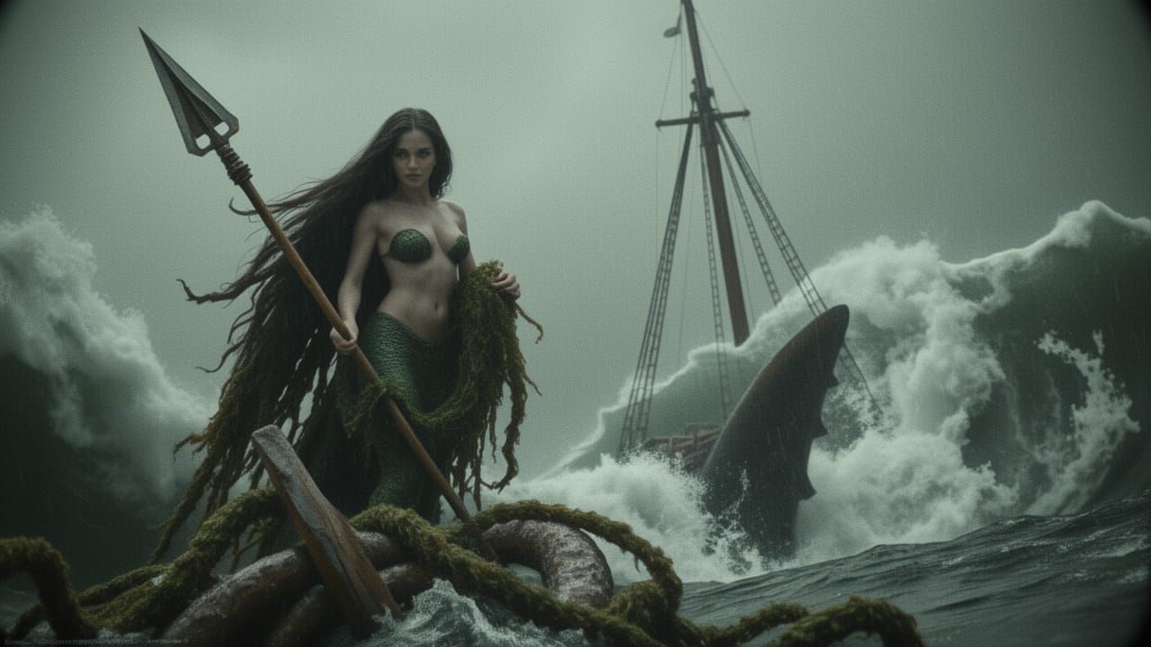 Sinister Mermaid With Spear in Stormy Seas