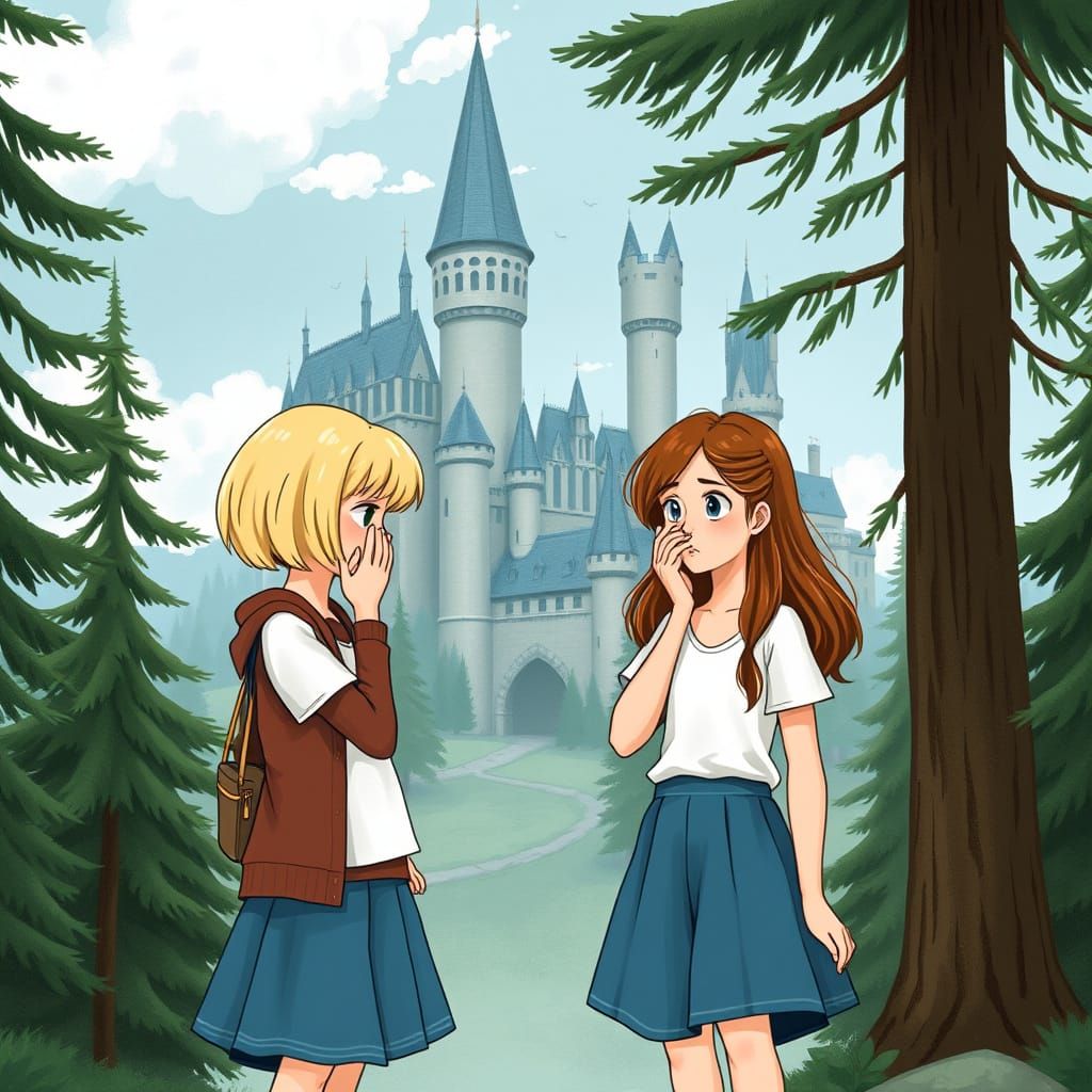 Girls Near Hogwarts, Whimsical Illustration