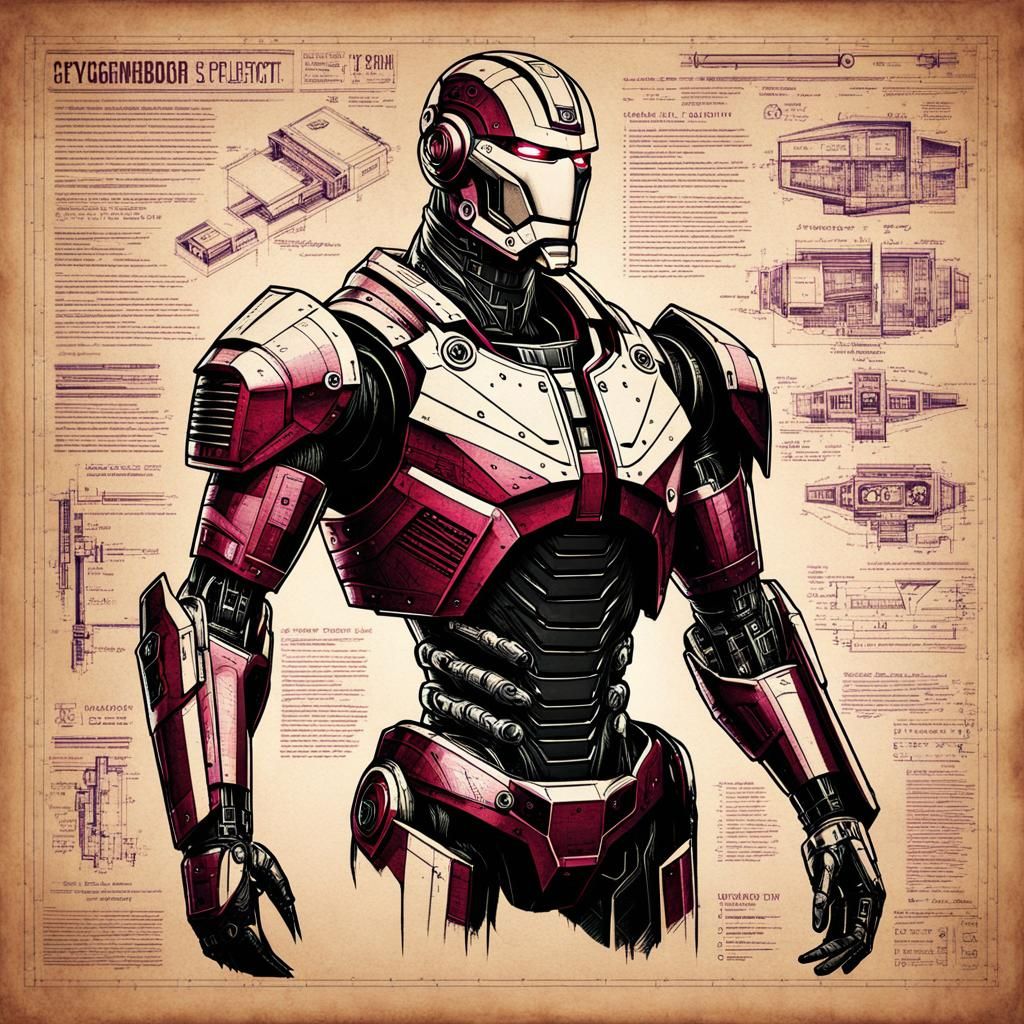 Cyborg Blueprint Design Sketch in Grunge Style