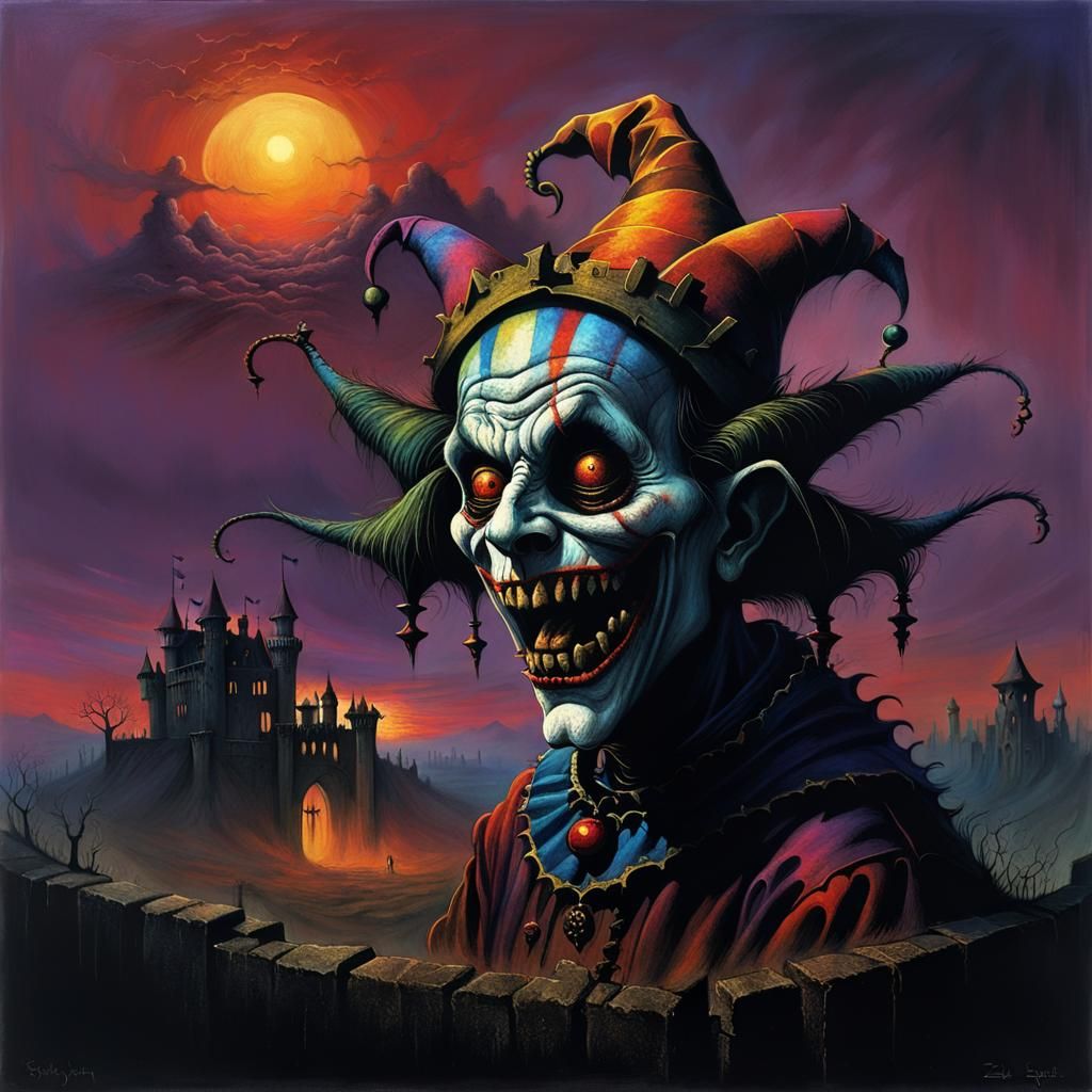 Scary Jester in Sinister Castle at Sunset