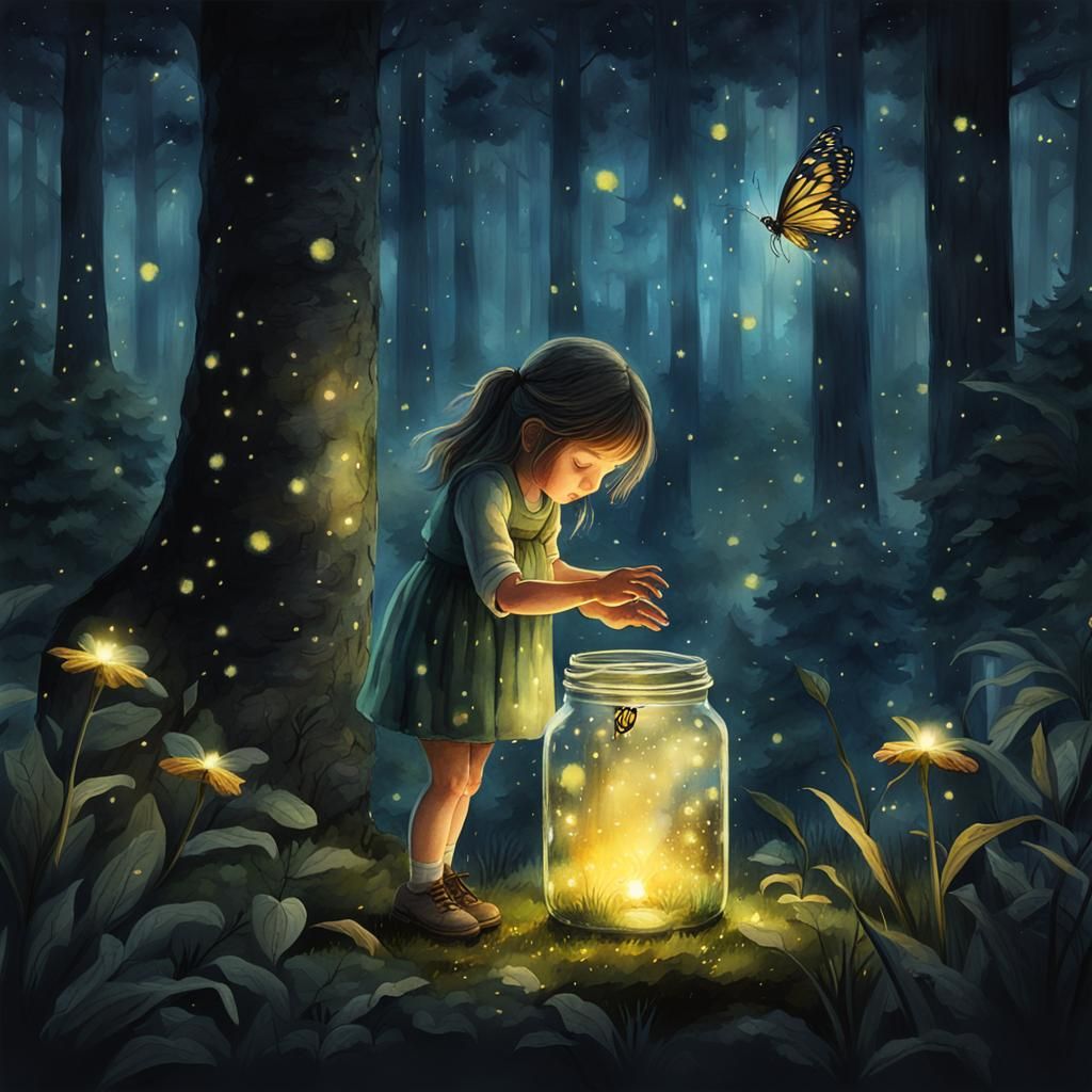Firefly Catching: Whimsical Dark Fantasy Watercolor