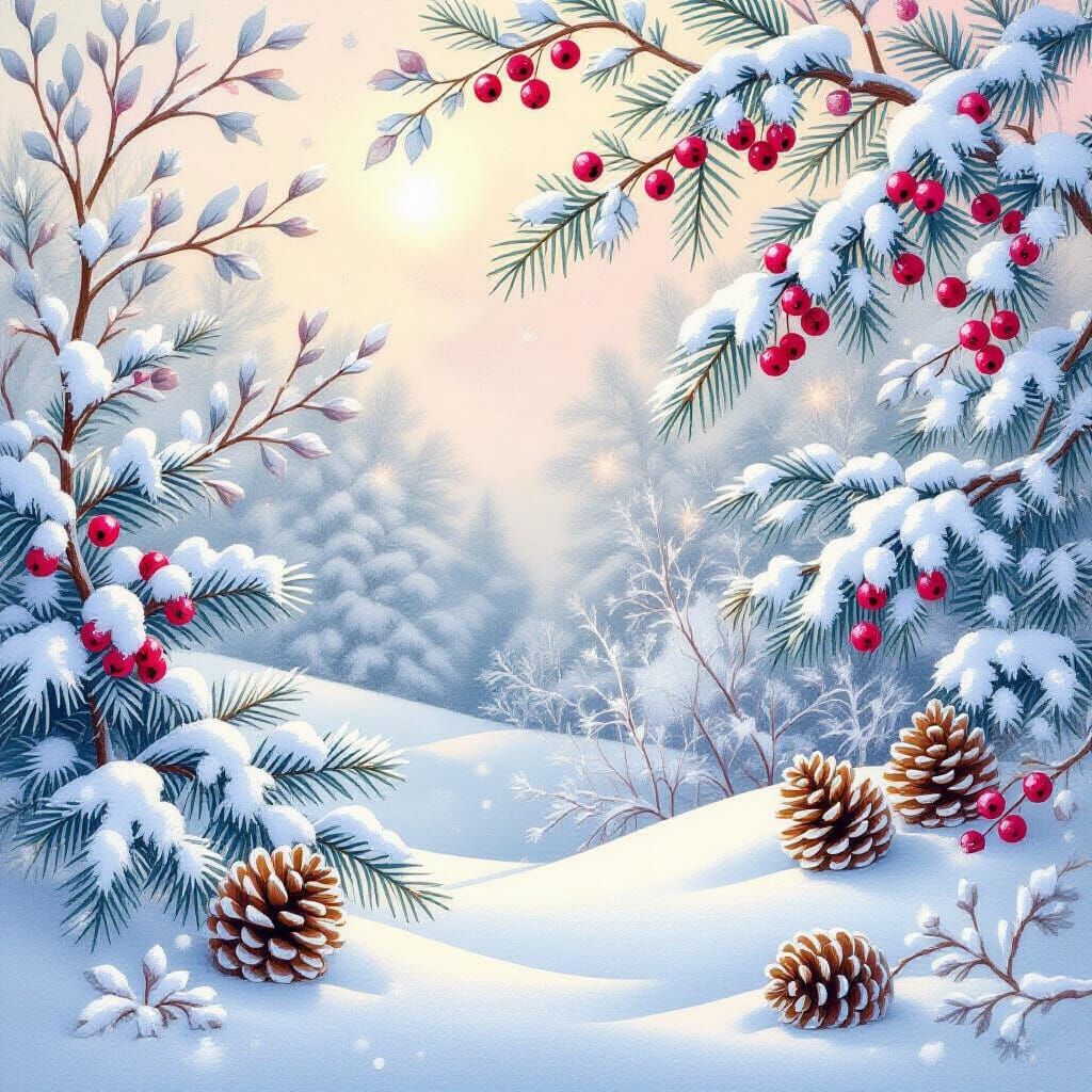 Dreamy Winter Scene Illustration with Frosted Pines and Berr...