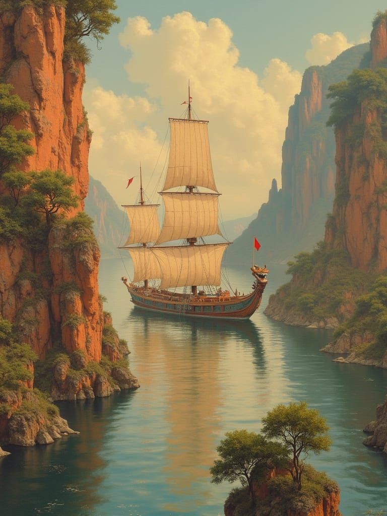 Dragon Boat on Serene Ocean: Contemporary Art Style