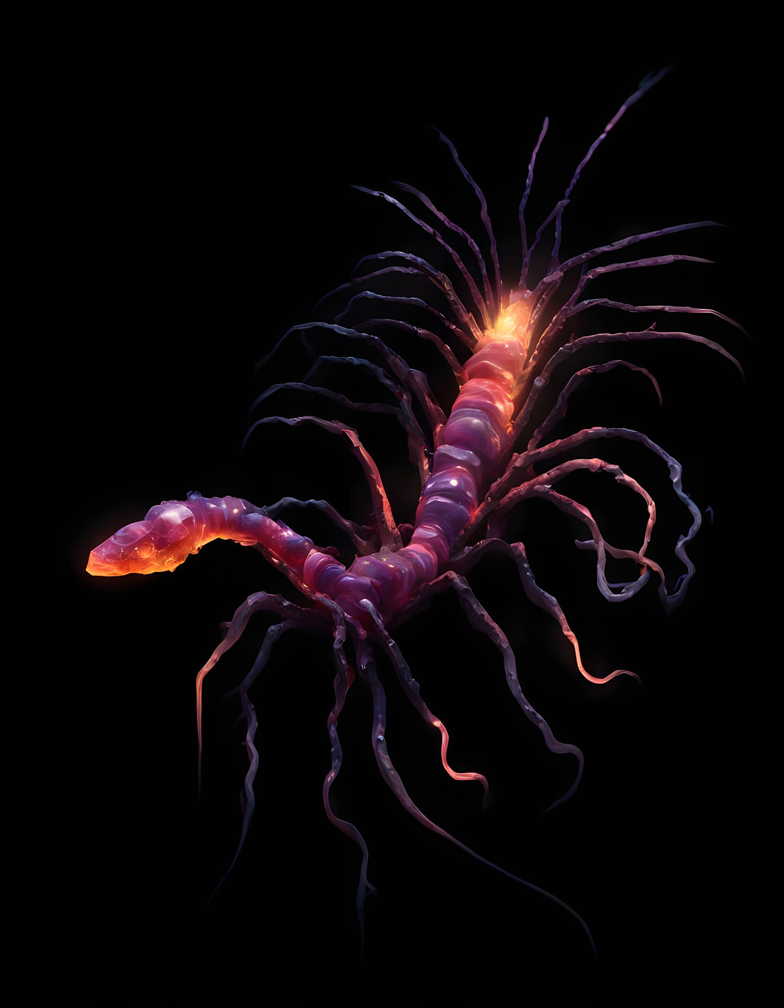 Dark Fantasy Creature with Glowing Minerals in Deep Sea Real...