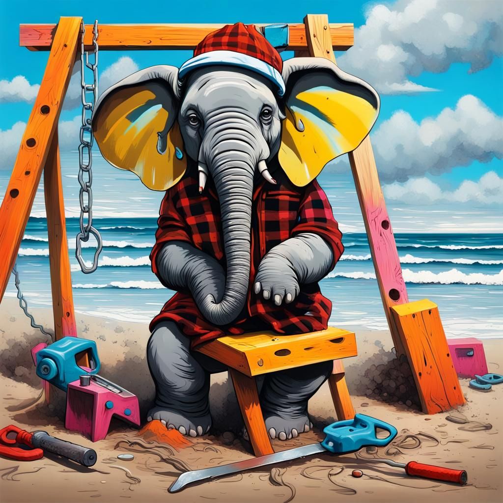 Elephant Lumberjack Demolishes Beach Swing Set: Graffiti Art