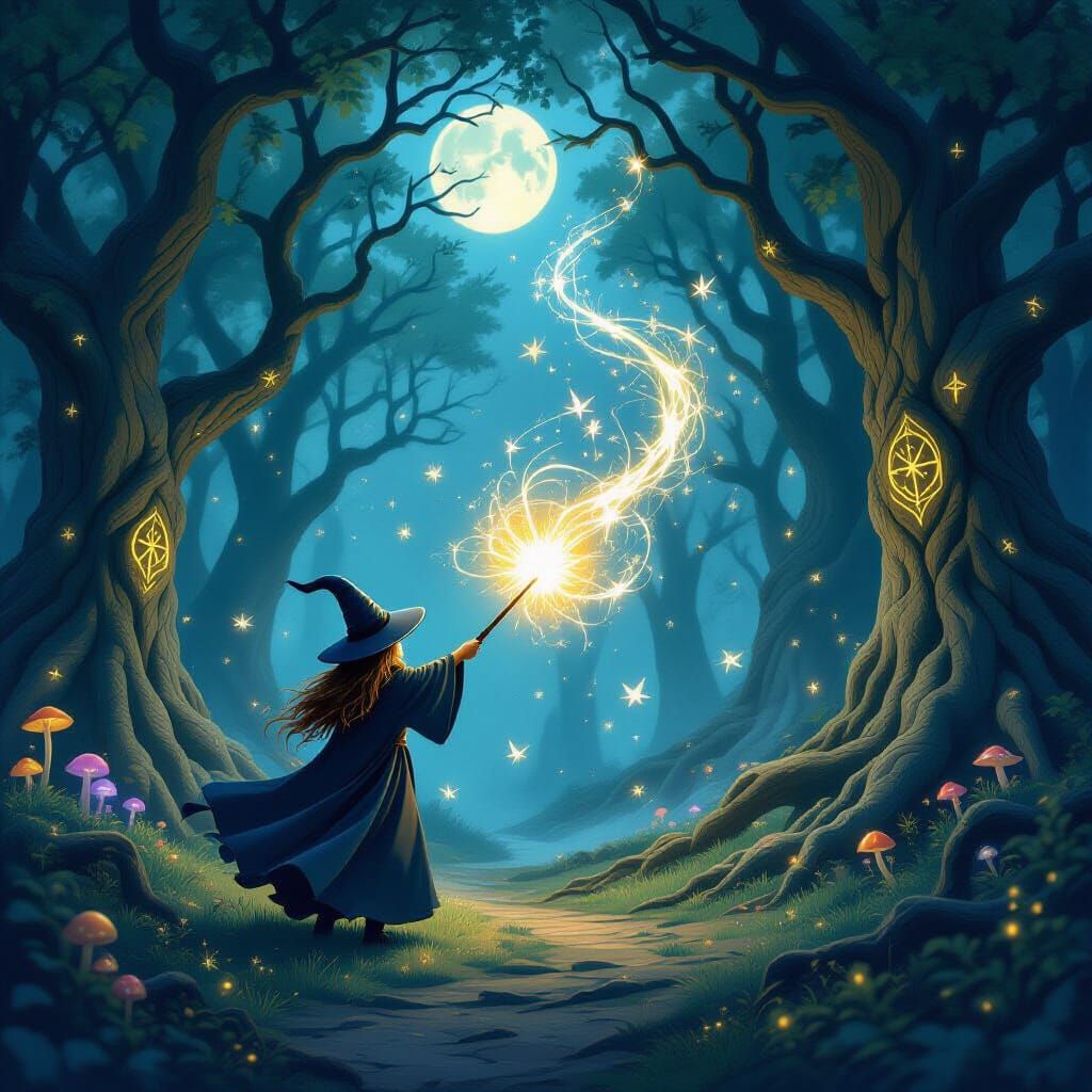Wizard Conjures Spell in Enchanted Moonlit Forest
