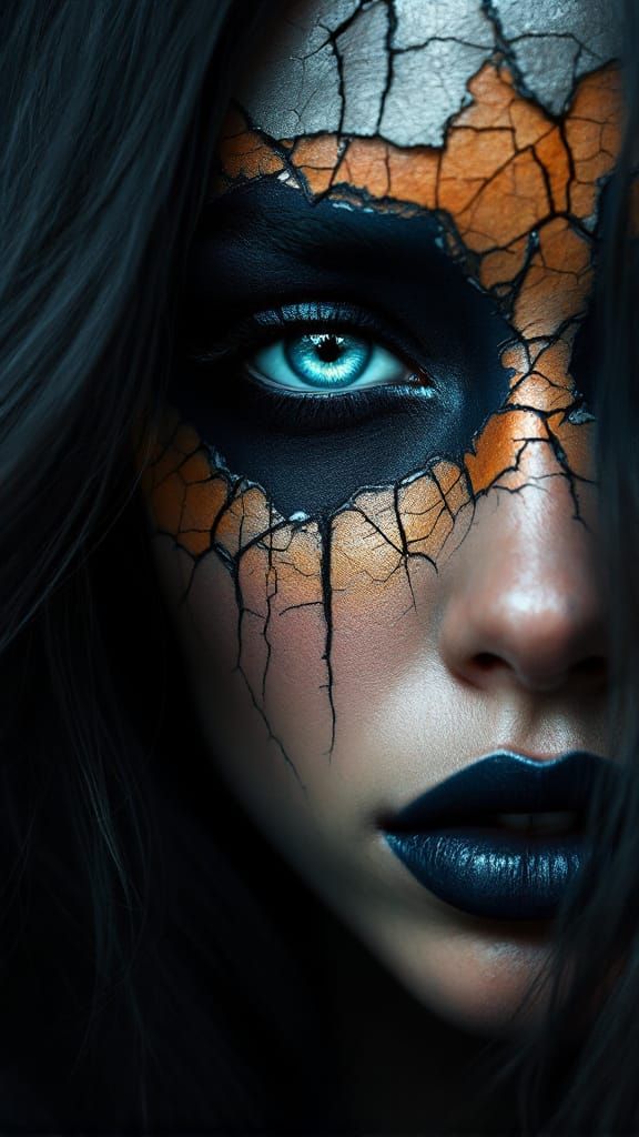 Fragmented Woman's Face with Luminous Eyes