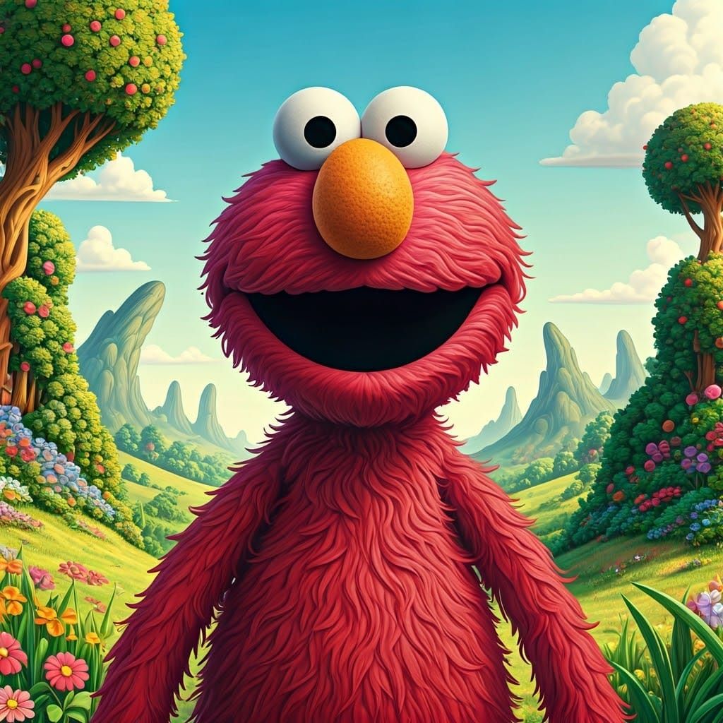 Whimsical Elmo in a Sunny Storybook Landscape