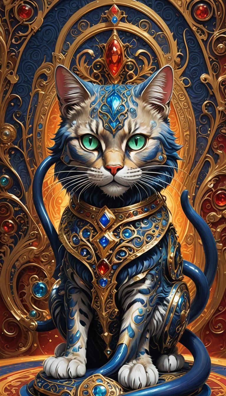 Indigo Feline Confronts Toon Vacuum in Matte Painting Style