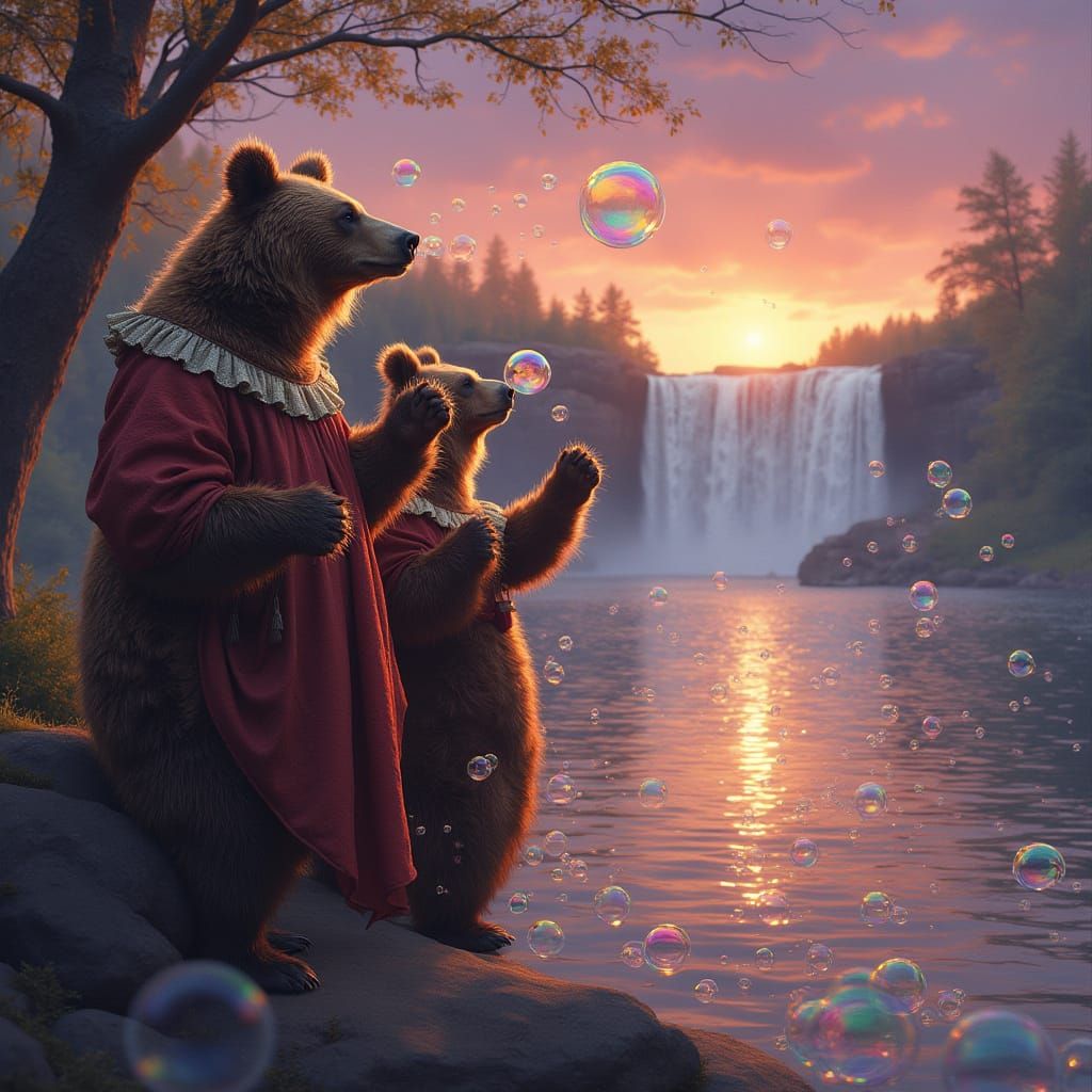 Grizzly Bears in Renaissance Attire Blowing Bubbles