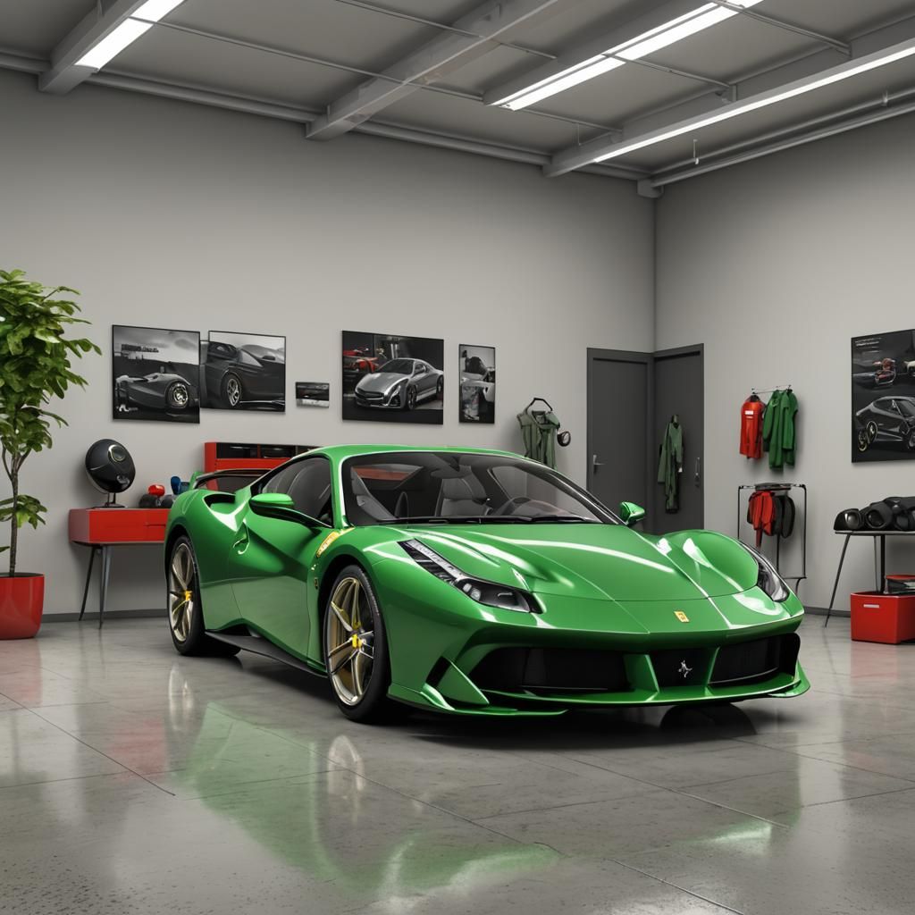 Green Ferrari F20 Stradale in Showroom: 4K 3D Render