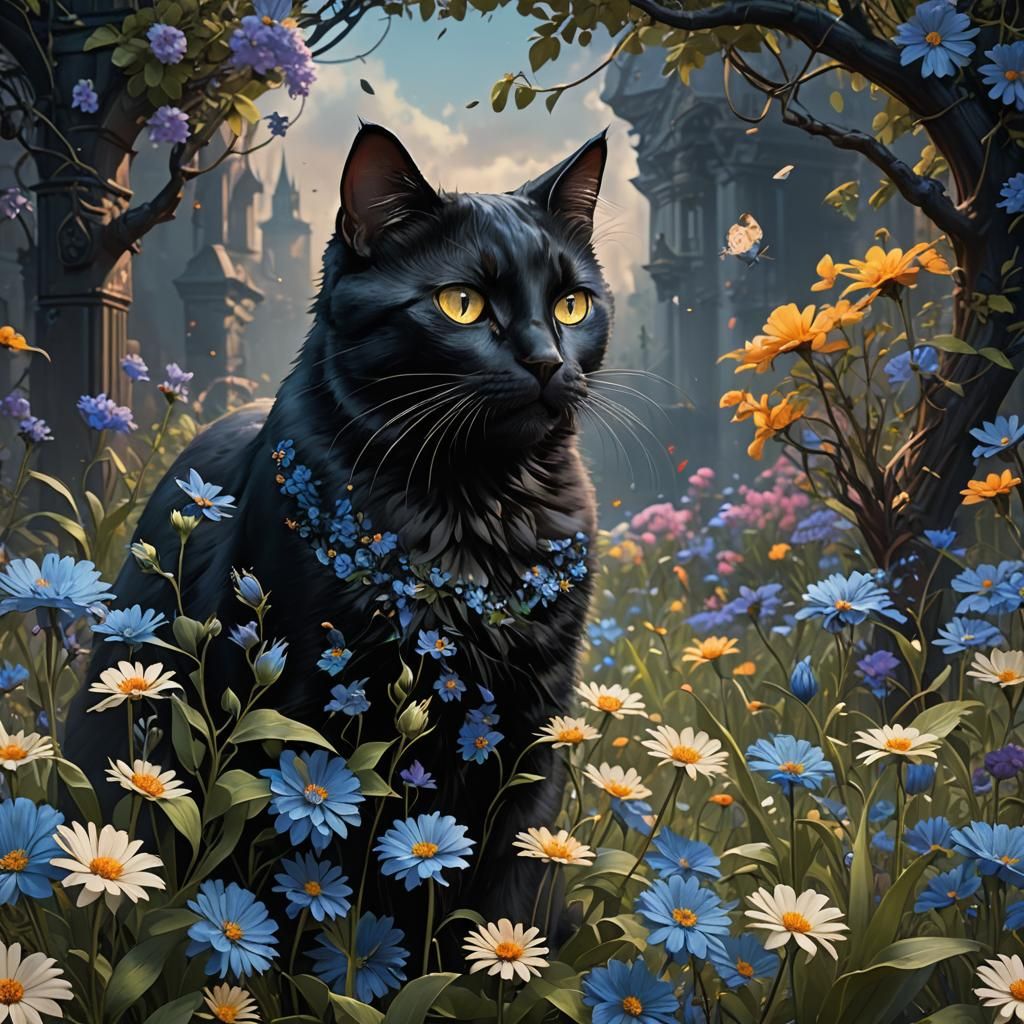 Black Cat with Blue Flowers: Fantasy Concept Art