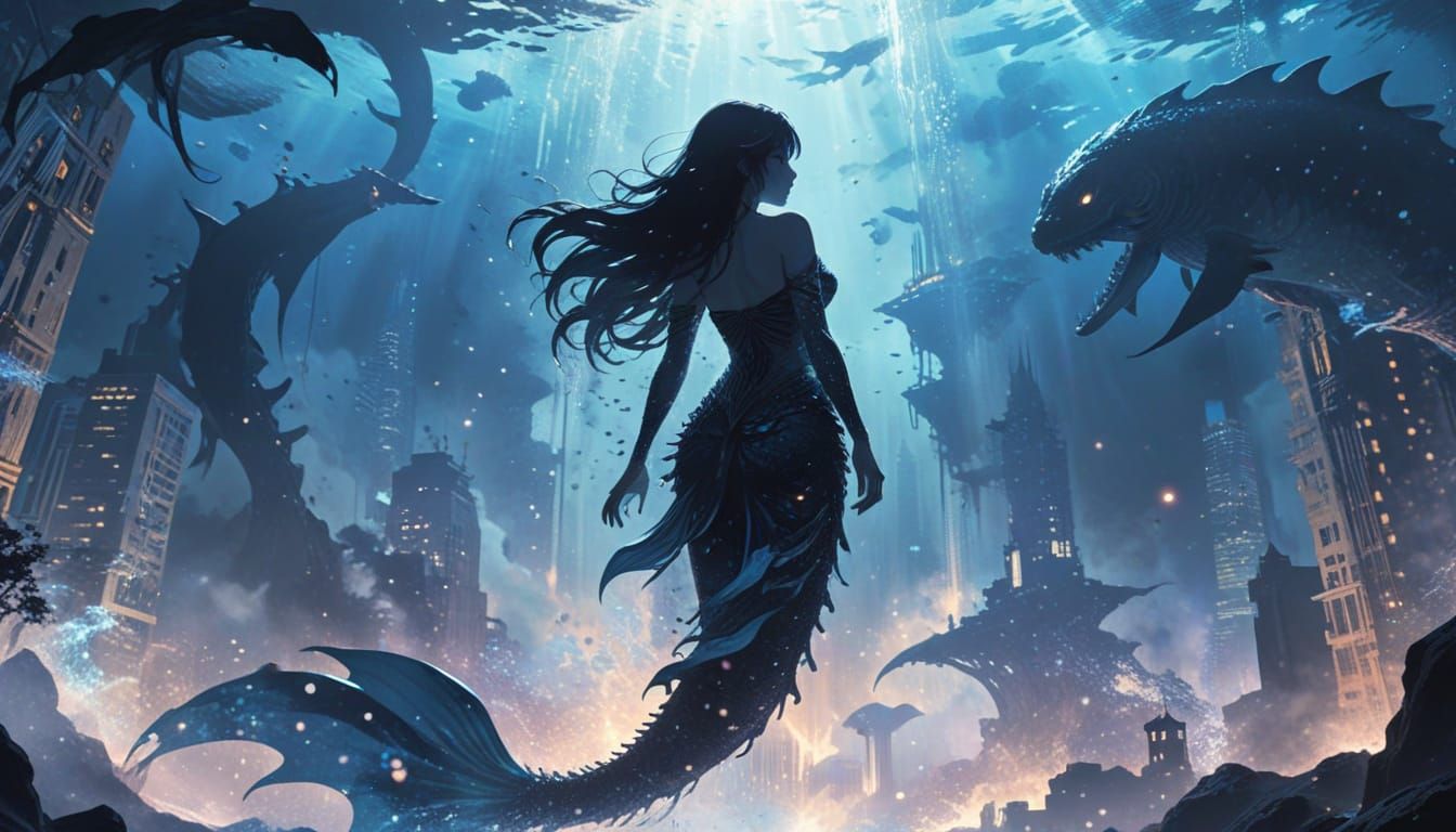 Abyssal Maiden in Ukiyo-e Style with Deep Sea Monsters