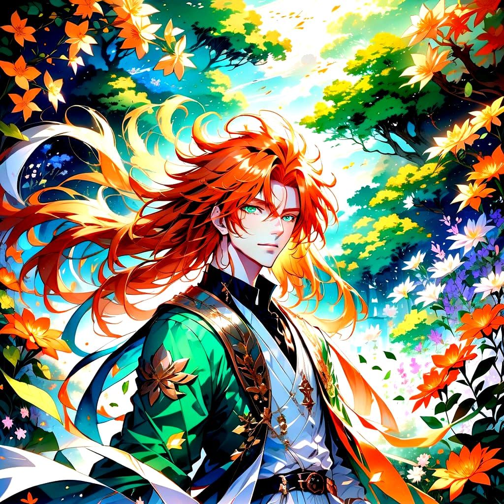 Anime Prince with Heterochromatic Eyes in Enchanting Garden