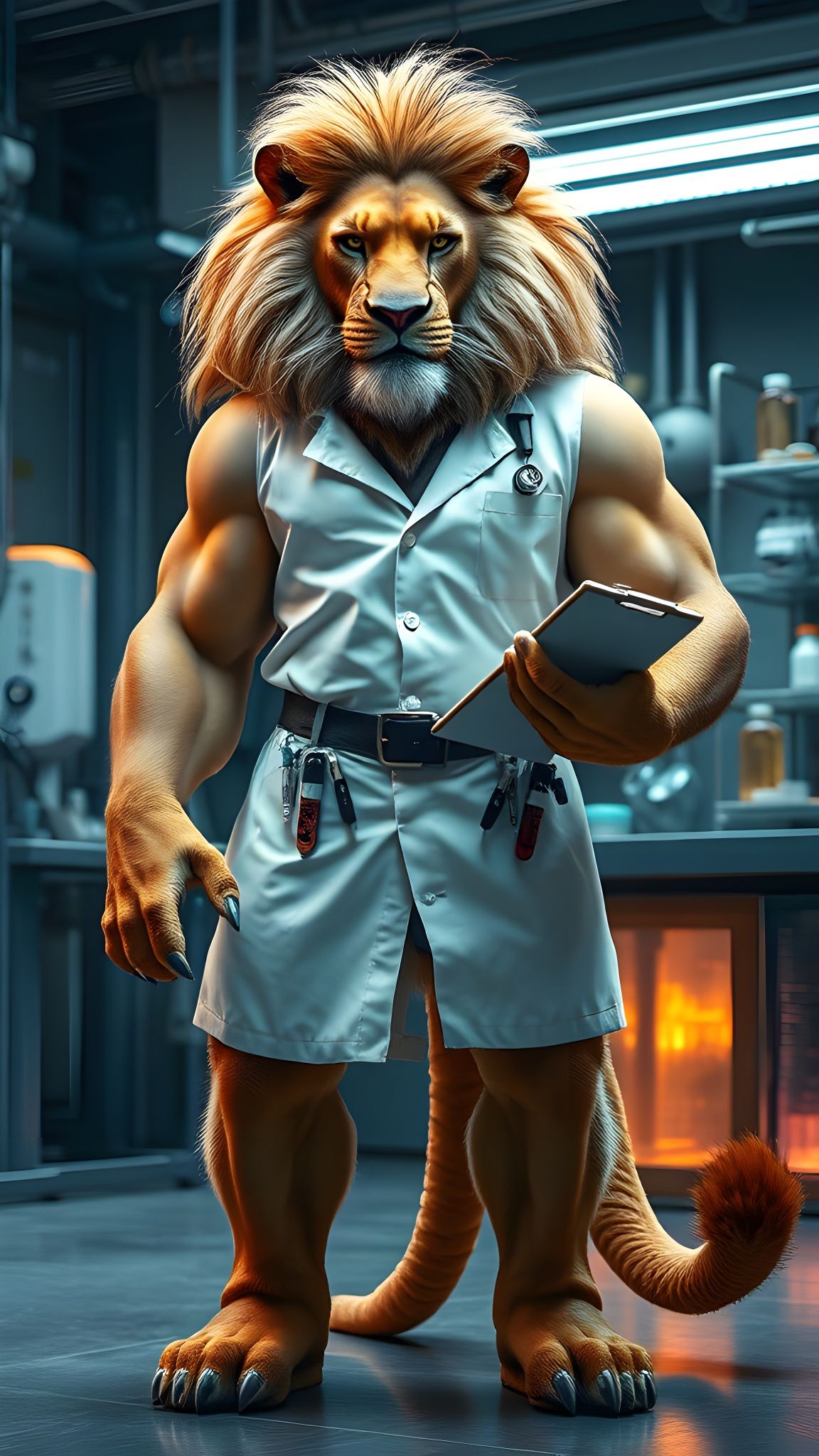 Scientist-Lion Hybrid in High-Tech Laboratory